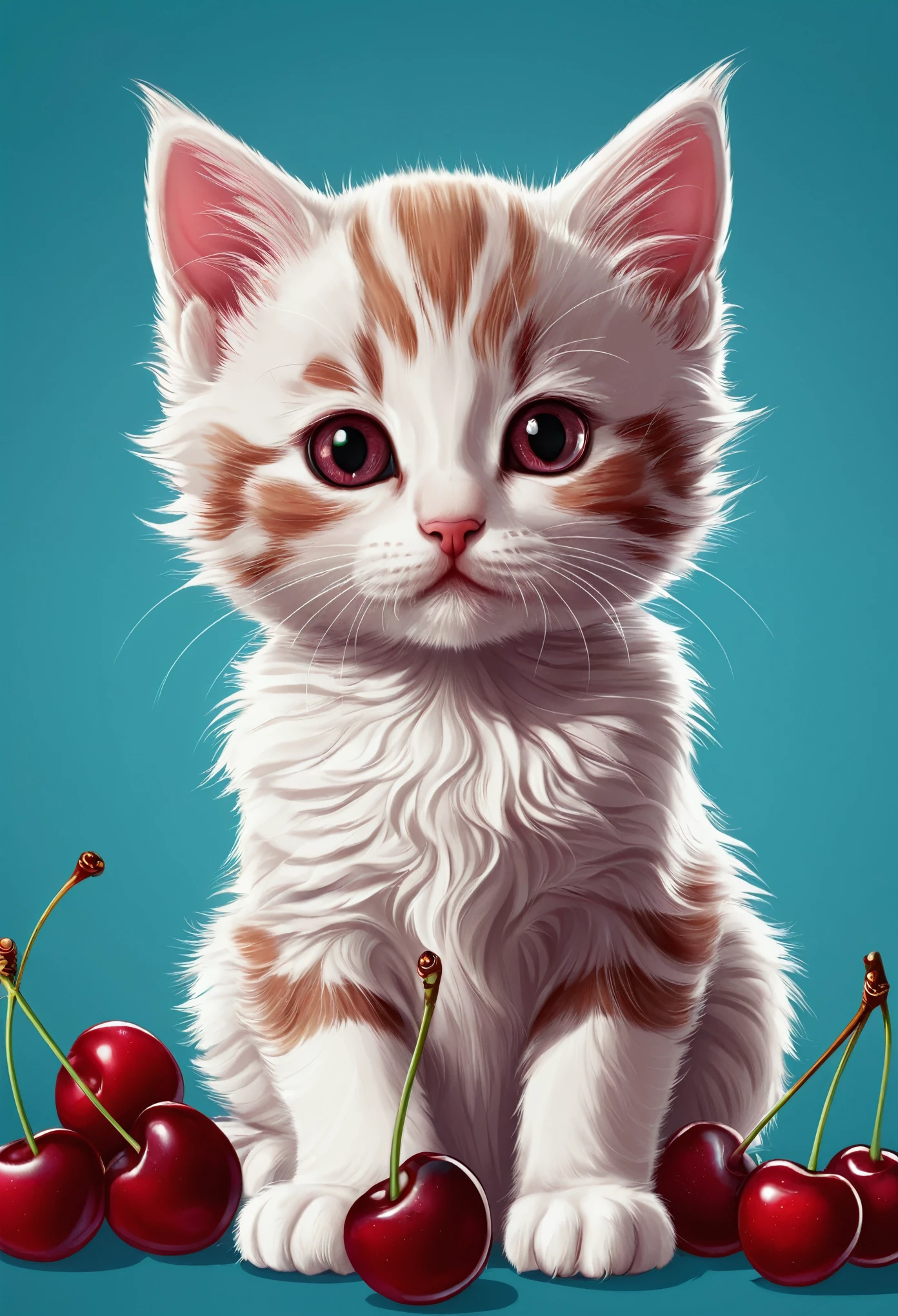 a cute vector of a kitten with cherry, anime-style, M Jenni-Stil, digital Illustration, Close to perfection, muito detalhado, smooth, keen focus, Illustration, 4K resolution