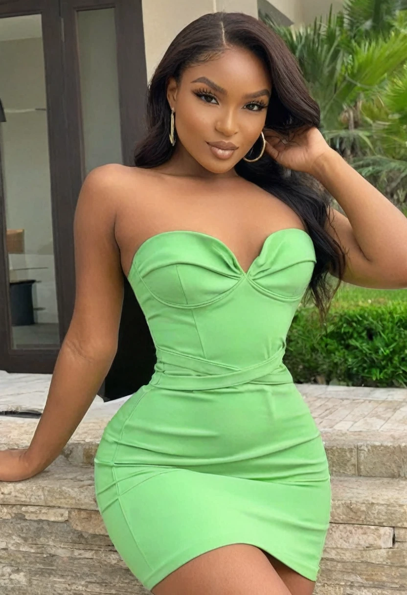 ((high quality:1.2)), (8k), extremely detailed, ((High detail:1.2)), ((best resolution:1.4)),  (HotLexi woman), Solo, 24 years old Angolan female, ((tight short dress strapless)), BREAK, (((perfect hourglass hot body))), (((square and defined face of an extremely perfect and beautiful model))), 