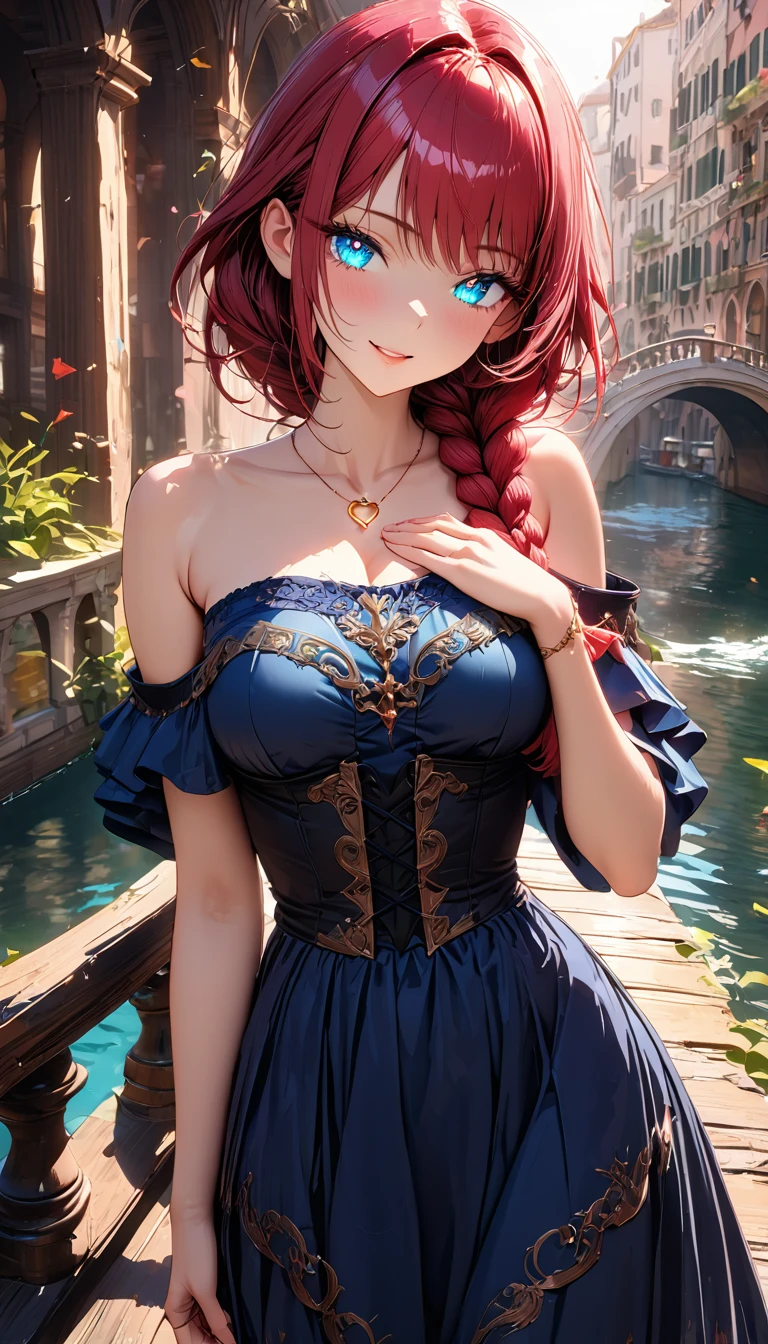 (masterpiece, very aesthetic:1.4), ultra-detailed, best quality, incredibly absurdres, Accurate, 8K, stunning, stylized,
cinematic, vibrant, (clear pictures, clean lines, illustration:1.3), recent, delicate details, cowboy shot,
BREAK
a cute girl, solo, high school age, (small face), beautiful detailed face,
charming girl, bewitching girl, A symbol of miraculous beauty, Graceful posture,
medium breasts, curvy, feminine body, perfect hands, five fingers,
BREAK
(burgundy red hair), (a long single braid hair:1.4), smooth hair, asymmetrical bangs,
BREAK
aqua blue eyes, (beautiful detailed eyes:1.3), (black oblong Pupils, slant eyes, glowing eyes, finely detailed irises, long delicate eyelashes:1.2),
BREAK
(dark blue dress, off shoulder, Strapless dress, Sleeveless:1.4), (black corset), (a tiny heart-shaped golden ring pendant:1.4),
BREAK
fantasy world cityscape, (A city resembling Venice with canals, Leaning against the railing of a bridge over a large river:1.2), (soft lighting:1.2), Beautiful world, sunny afternoon, Blown by the gentle wind, Soft sunlight that induces afternoon drowsiness,
BREAK
gorgeous lips, natural pink lips, heart-shaped lips, beautiful detailed lips, Glossy, open mouth,
(seductive smile:1.3), (looking side glance), (left hand on own chest:1.3),