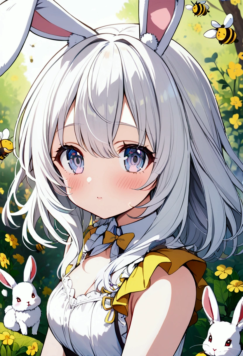 anime girl, hybrid rabbit, bee, white hair, white eyes, white rabbit ears