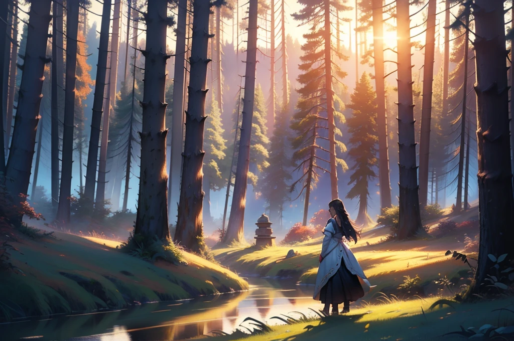ultra detailed artistic photography, backlit, shadows, smooth, ultra high definition, 8k, ultra sharp focus, intricate artwork masterpiece, highly detailed, vibrant, production cinematic character render, ultra high quality model, sunset, hills, lakes around, forest, mildly cloudy