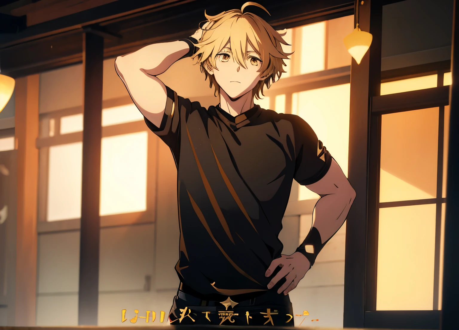 csm anime style, aether
1boy
male focus
blonde hair
yellow eyes
ahoge
hair between eyes, black shirt
braid,