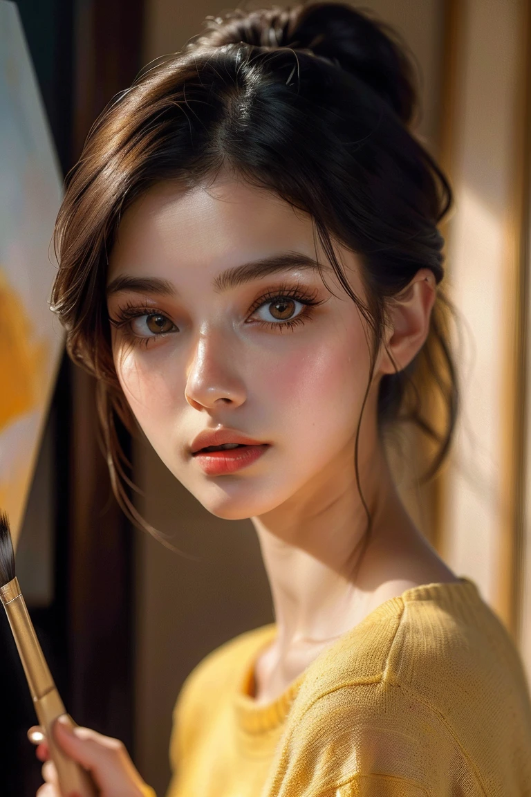 (((ultra realistic))) Photo, masterpiece, top quality, (pale skin), (Ultra detailed face and eyes:1.3), 1 girl in a T-shirt, (Eye makeup, mascara) , ((a close up of a woman holding a painting brush and a yellow sweater, beautiful aesthetic face, popular korean makeup, popular south korean makeup, beautiful asian girl, realistic. cheng yi, asian beautiful face, beautiful south korean woman, beautiful young woman, girl, light makeup, soft makeup, beautiful delicate face, girl cute-fine-face, cute - fine - face