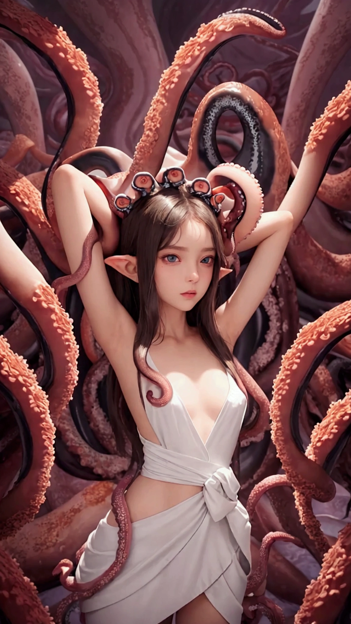 ((masterpiece)), ((best quality)), (ultra-detailed),(in the cave),(monster),(((many tentacles wrap arotnd the body))),a cute girl, 1girl, 12-year old, solo, (white girly dress),((many tentacles bound arms)), ((thin waist)),large breast, slim, slender,beautiful brown hair, beautiful blue eyes, (beautiful eyes), long hair,troubled expressio