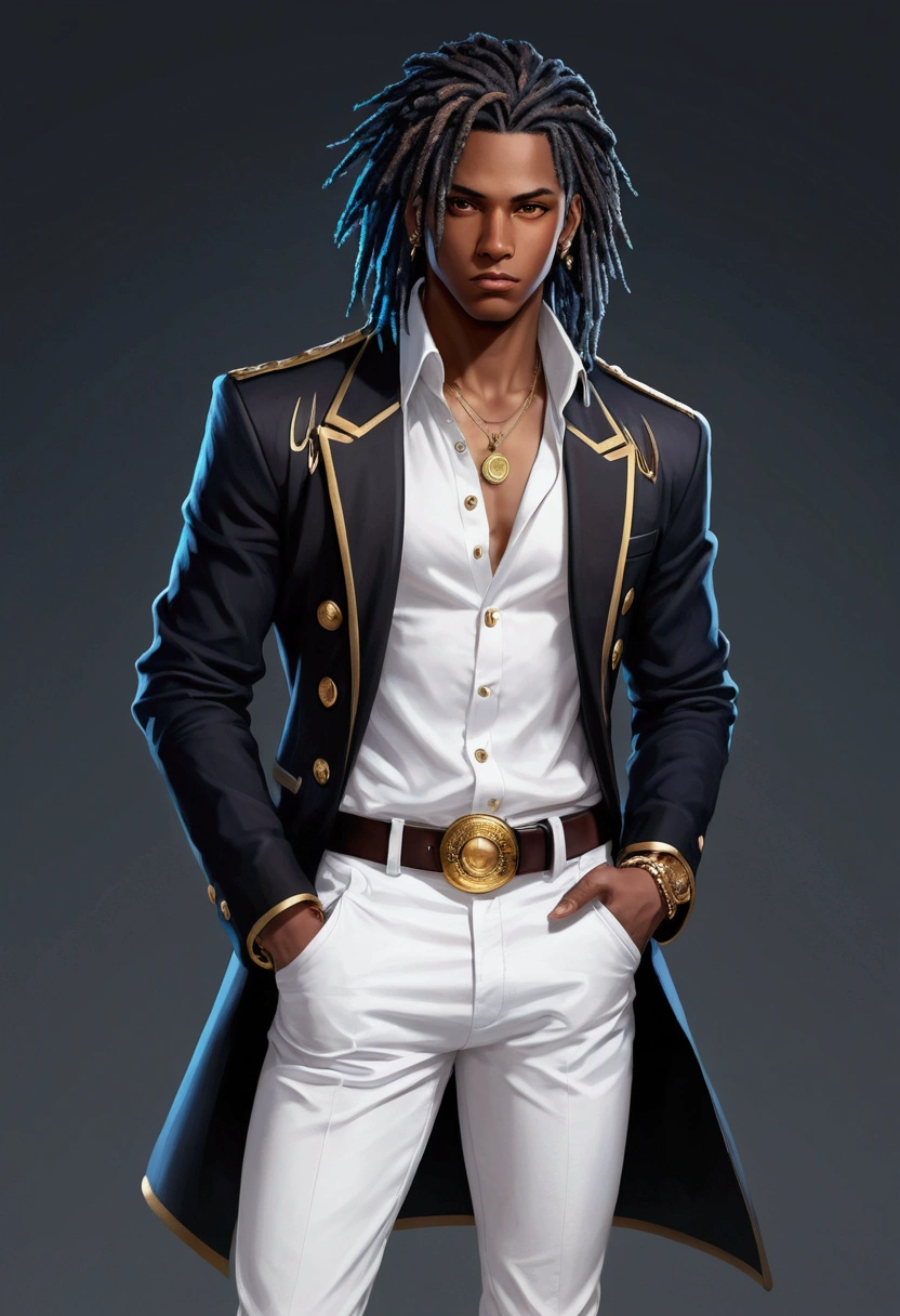 Dark-skinned young man with brown eyes and a black jacket., Blue dreadlocks, Hairstyle with dreadlocks, in human style, colorful sketch, unrealistic character concept, Conceptual portrait of my character, подробный character portrait, anime style character, anime style portrait, character portrait, cel - shaded art style, Her outfit consists of black, unbuttoned jacket with gold buttons on the front and bottom of the sleeves, he wears a white V-neck shirt., White pants, large black belt with gold buckle, smaller black belt, hanging from the side of her hip, and he's wearing beige shoes with black buckles, вдохновение King of Fighters