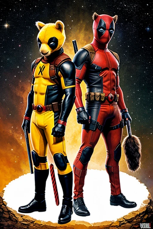 Anthropomorphic deadpool alpaca, next to another anthropomorphic Alpaca of Wolverine with the yellow x-men suit, full body, background the opening of the space of the vichantis