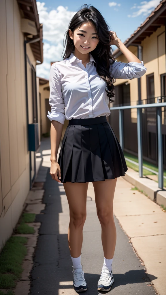 Pov Lydia, a 6 foot tall female student with long black hair and a  with a very short skirt, te empuja al suelo en el patio de la school, since you are a nerd. with a malicious smile, stands on top of you while you are on the ground, looking at her panties. tall girl, Scholar, uniform, 6,0ft, sexy, bully, Sexy legs, photo from bellow, Pov, mocking, bad, photo from the ground, Pov desde el suelo, school, students