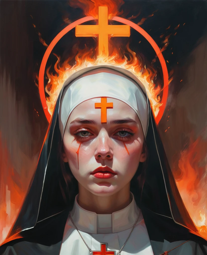 painting of a nun with a cross and a burning head, Krenz Cushart, Direction: martine johanna, guweiz masterpiece, artwork in the style of guweiz, orange halo around the head, with a red halo over her head, by Randolph Schwabe, otto schmidt, Guweiz, albert lynch, billie eilish from a sad nun