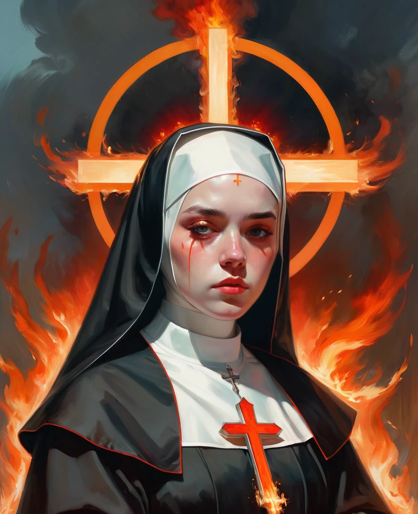 painting of a nun with a cross and a burning head, Krenz Cushart, Direction: martine johanna, guweiz masterpiece, artwork in the style of guweiz, orange halo around the head, with a red halo over her head, by Randolph Schwabe, otto schmidt, Guweiz, albert lynch, billie eilish from a sad nun