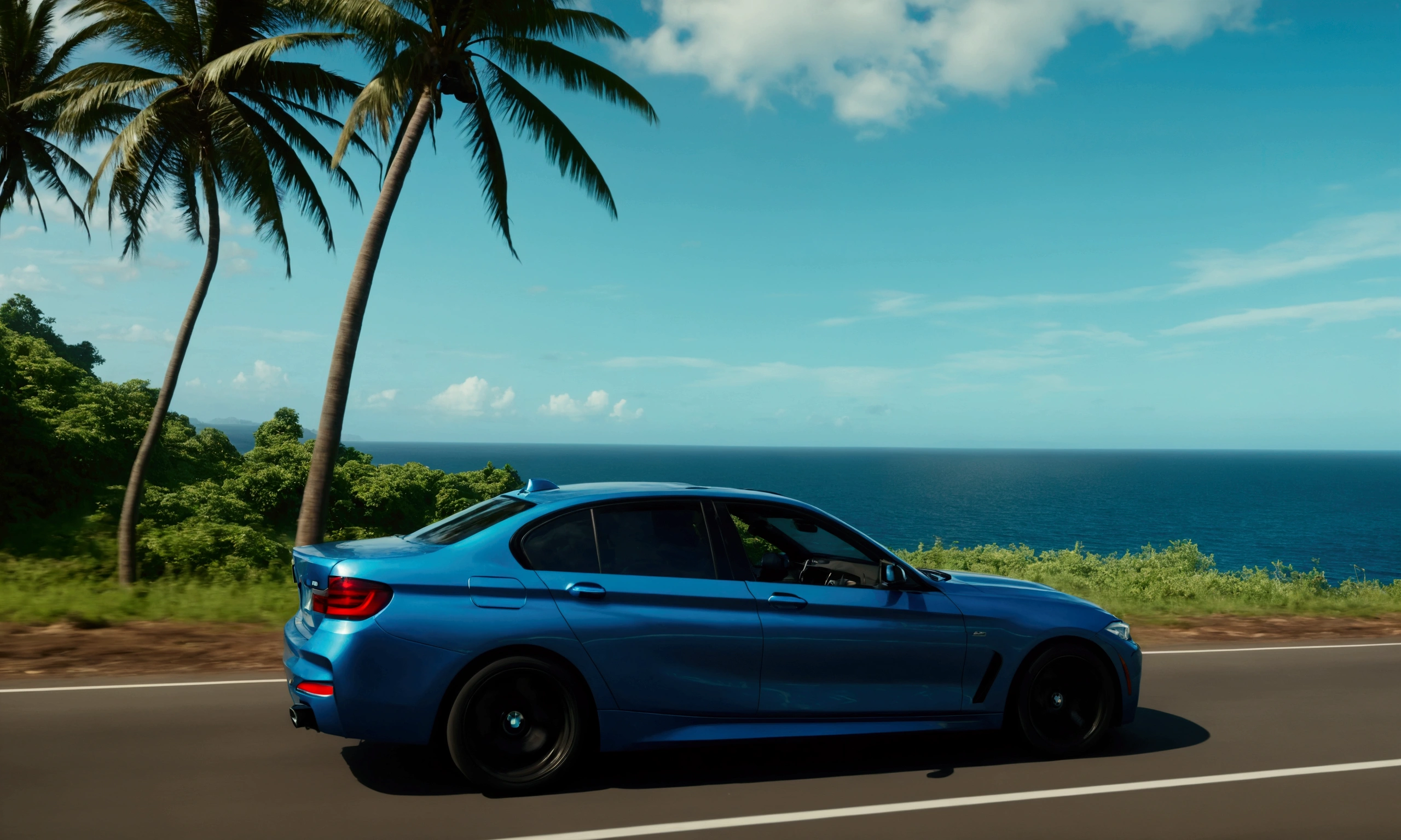 cinematic scene of a driving BMW in the coast with view on the ocean and coconut tree, rap ghetto vibe, 4k realistic, very wide shot from side