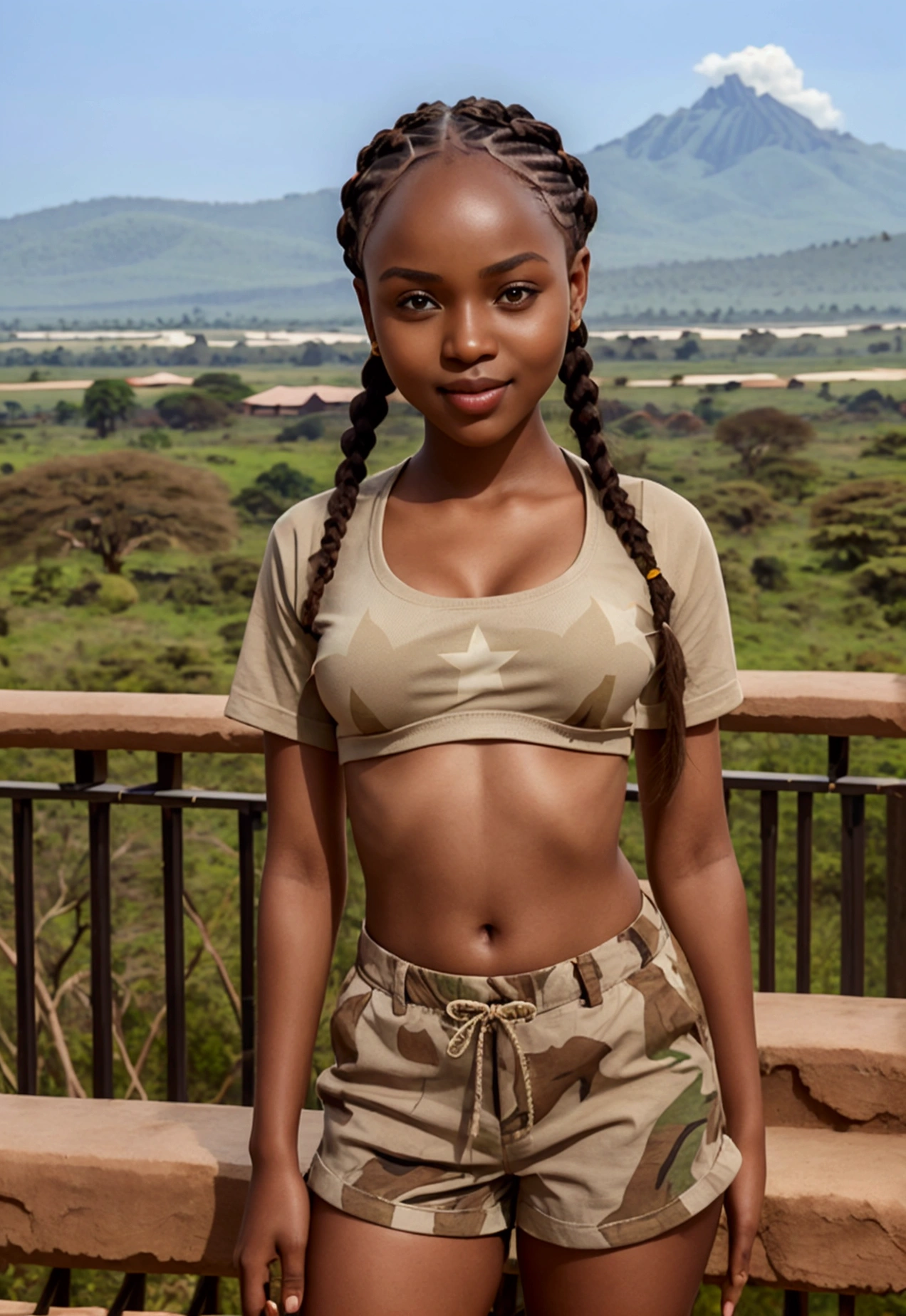 Beautiful 22 year old East African star with frame and small perky breasts standing and posing in safari gear in Kenyan savannah, slight toothless smile, t-shirt and shorts, braids, dark brown skin, mountains in background, full-body portrait hyperrealism