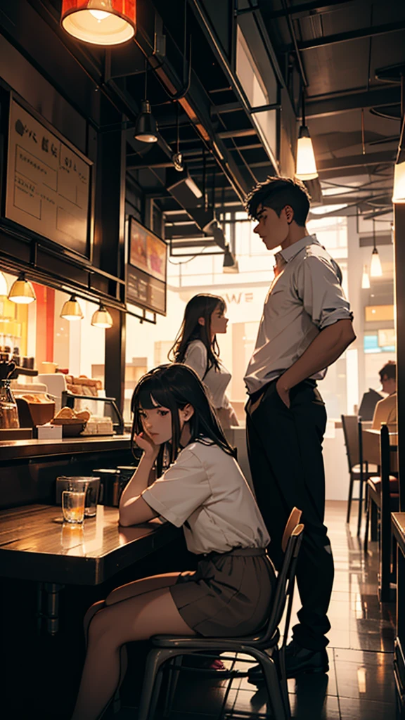 A young couple is sitting inside a cafe. The girl is wearing short clothes with, big hips, Colorful lights are burning in the cafe. Moody color, Sharpness