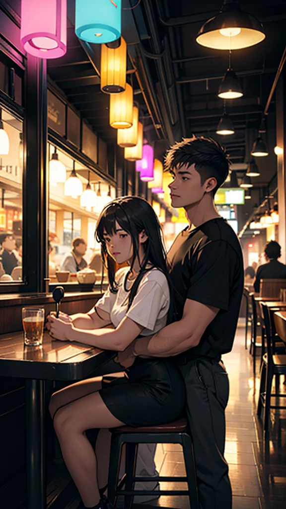 A young couple is sitting inside a cafe. The girl is wearing short clothes with, big hips,  Colorful lights are burning in the cafe. Moody color, Sharpness 