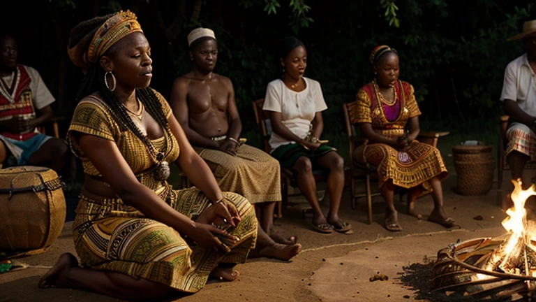 An African village ceremony with drumming, dancing, and the burning of herbs, featuring elders in rich kintege cloth and a woman in traditional attire at the center.