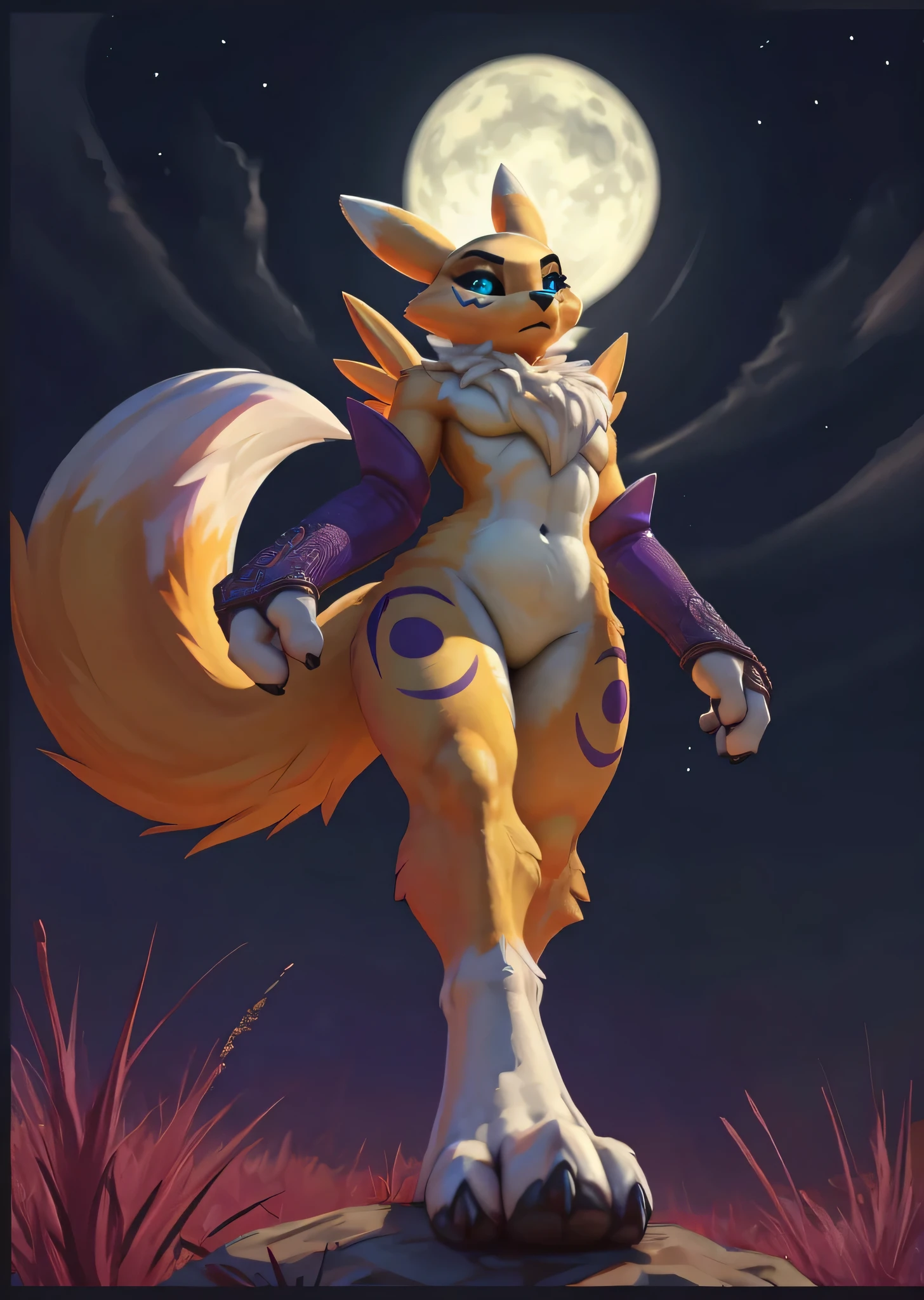 [renamon], [Uploaded to e621.net; (Pixelsketcher), (foxovh), (fluffkevlar)], ((masterpiece)), ((HD)), ((high res)), ((solo portrait)), ((full body)), ((low angle view)), ((feet visible)), ((detailed fur)), ((intricate details)), ((detailed shading)), {(athletic figure), yellow body fur, two-tone fur, black nose, (cute turquoise eyes with black sclera), (short eyelashes), (medium breasts), (curvy hips), (beautiful legs), (beautiful feet), (beautiful toned legs), (blank expression)}, {(nude), (purple sleeves with yin yang symbols)}, {(standing), (looking at viewer)}, [ambient lighting, grass plains, nighttime, moonlight]