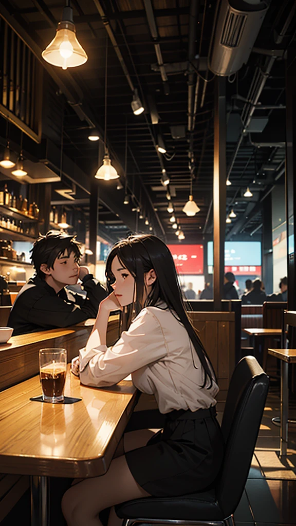 A young couple is sitting inside a cafe. The girl is wearing short clothes with, big hips,  Colorful lights are burning in the cafe. Moody color, Sharpness 