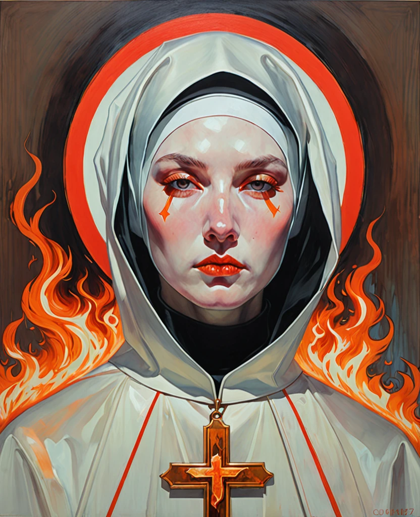 painting of a nun with a cross and a burning head, Krenz Cushart, Direction: martine johanna, guweiz masterpiece, artwork in the style of guweiz, orange halo around the head, with a red halo over her head, by Randolph Schwabe, otto schmidt, Guweiz, albert lynch, billie eilish from a sad nun