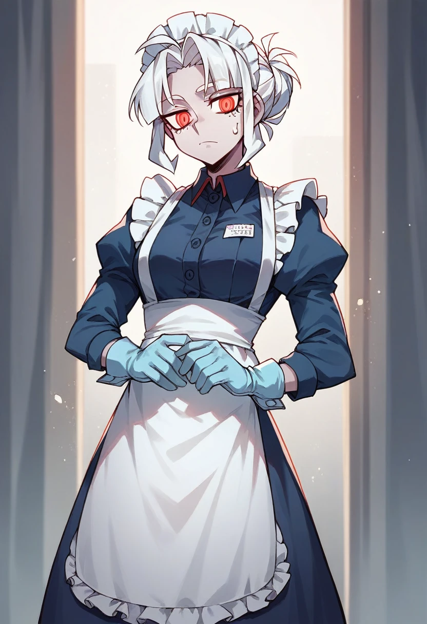 1girl, azazel \(helltaker\), ((blue medical gloves)), (maid uniform), ((long sleeves)), looking at viewer, standing, solo
