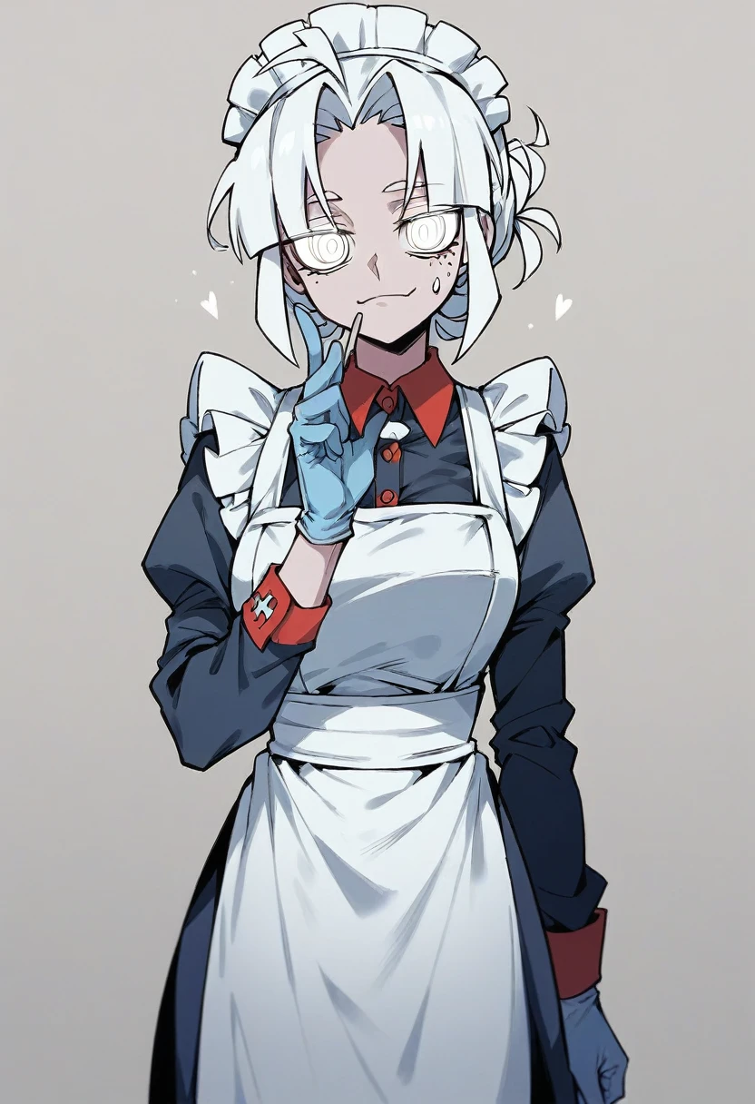 1girl, azazel \(helltaker\), ((blue medical gloves)), (maid uniform), ((long sleeves)), looking at viewer, standing, solo