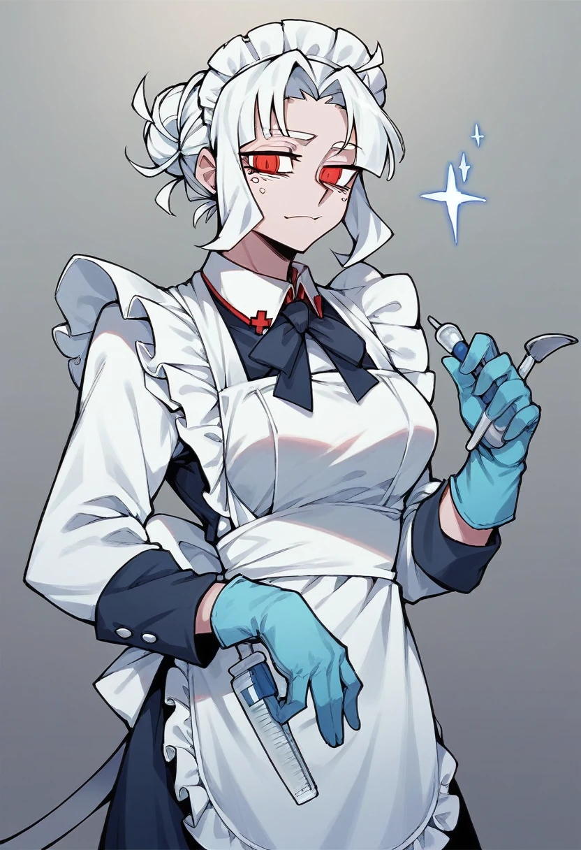 1girl, azazel \(helltaker\), ((blue medical gloves)), (maid uniform), ((long sleeves)), looking at viewer, standing, solo