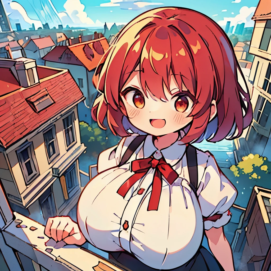 (Highest quality), (masterpiece), ( body type:1.5), (Much bigger than a house、Super giant girl illustration:1.5), (looking at viewer:1.5), (Emphasizing the overwhelming size of the girl:1.3),(Super huge breasts:1.5), (Golden red hair:1.3), (short hair:1.4), (A white dress with short puff sleeves:1.3), (black suspender skirt:1.3), Black ribbon at neck,Scarlet Eyes,Blue sky, concept art, (One person), Open Mouth,(Peeking out from above a ruined house:1.4),(Destroy the house:1.2),(Beautiful gradation),(View point looking up from below:1.1),Wicked Smile,(smug face:1.2),(Impressive),Upper Body,Leaning forward