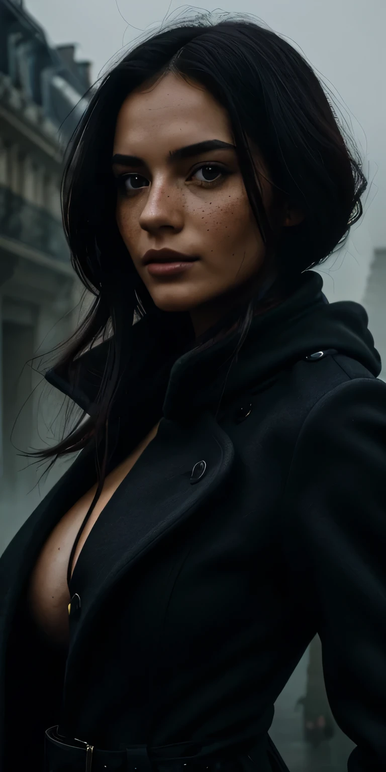 (best quality, hyperdetailed photography:1.2), beautiful lady, freckles, , soft light, head and breast portrait, cover, (detailed beautiful face, detail skin texture, ultra-detailed body:1.1) ,((massive perfect breast)), ((snoopy breast:1.1)),((apocalyptic warrior:1.0)), strong body, blue black hair, dark red eyes,,,,((long open black coat)), ((night gloomy misty, foggy,old Paris,street, night walk)), sexy dress