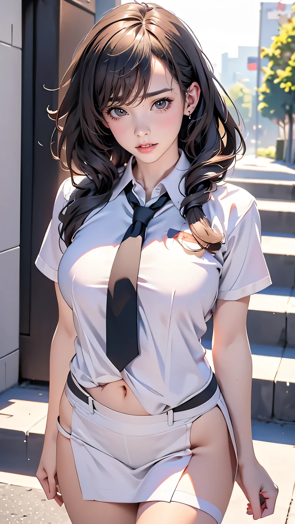 (((toppless))), (((Sheer school uniform, Sleeveless ))), (((Show cleavage))), (((Large breasts))), (((Open front))), (((Sheer Micro Mini Skirt))), Detailed beautiful eyes, (((Sunny))), extremely detailed CG unified 8k wallpaper, very fine 8KCG wallpaper, (​masterpiece, Best Quality), High resolution, Ultra-detailed, ultra-sharp, 1 girl, Naked, (((Sheer Micro Mini Skirt)))