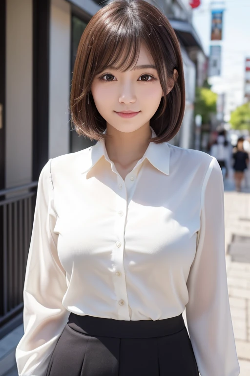 Smooth white tight clothing suit, Office Clothes, Elegant slim beige shirt, Wearing a blouse, Cream colored blouse, business suit, High quality white shirt, Work clothes, White blouse, wearing a White blouse, Business casual attire, Wearing a light shirt, Wearing a white shirt、Cute beautiful face of a girl, Beautiful Japanese girl face, short hair, Beautiful young Japanese woman, Young and pretty Asian face, Real young gravure idol, Young and adorable Japanese face, Gorgeous Young Japanese Woman, Cute young woman, Portrait of a female idol in Japan, Japanese Teenager Portrait,Ample breasts,smile