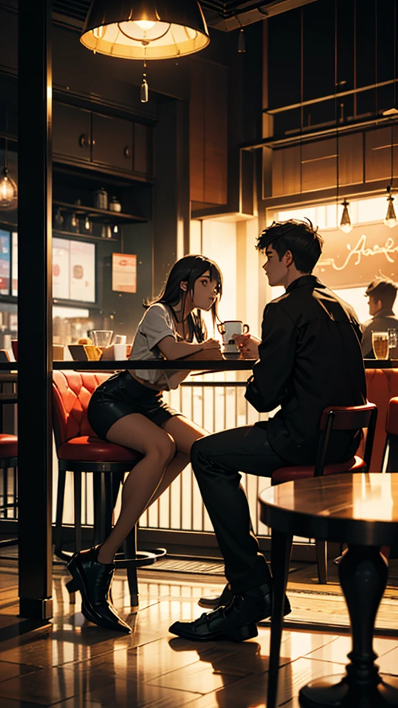 A young couple is sitting inside a cafe. The girl is wearing short clothes with, big hips, Colorful lights are burning in the cafe. Moody color, Sharpness