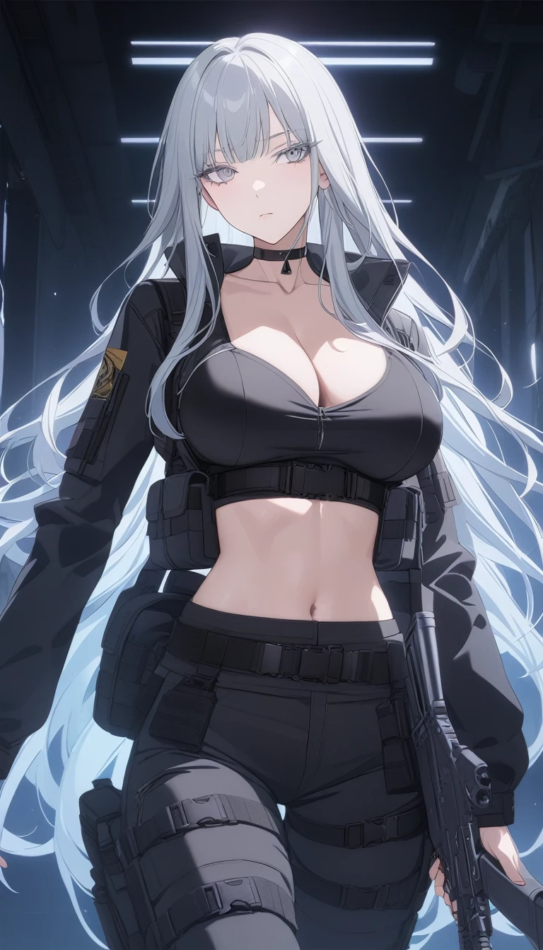 sovetsky_Soyuz, grey hair, long hair, tactical jacket, military gear, black pants, midriff, choker, webbed belt, tactical, pouches, large breasts, first rate breasts, grey eyes, sharp eyes, Long eyelashes, eye shadow,  ominous vibe, expressionless, stoic, relaxing, Ultra quality, UHD, high detail, anime aesthetic, Anime screenshot, Ultra quality, UHD, high detail. Armory, cargo hold, Ak-12, gun, assault rifle