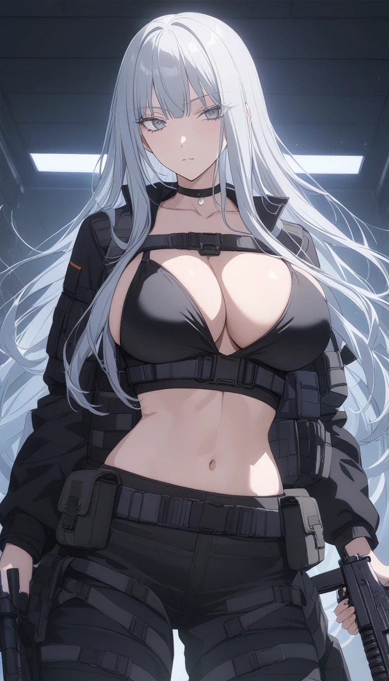 sovetsky_Soyuz, grey hair, long hair, tactical jacket, military gear, black pants, midriff, choker, webbed belt, tactical, pouches, large , first rate breastseyes, sharp eyes, Long eyelashes, eye shadow, ominous vibe, expressionless, stoic, relaxing, Ultra quality, UHD, high detail, anime aesthetic, Anime screenshot, Ultra quality, UHD, high detail. Armory, cargo hold, Ak-12, gun, assault rifle