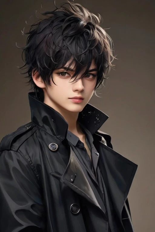 1boy tennage, with Black straghit messy hair, wearing Black trench coat, Black sclerea, realistic
