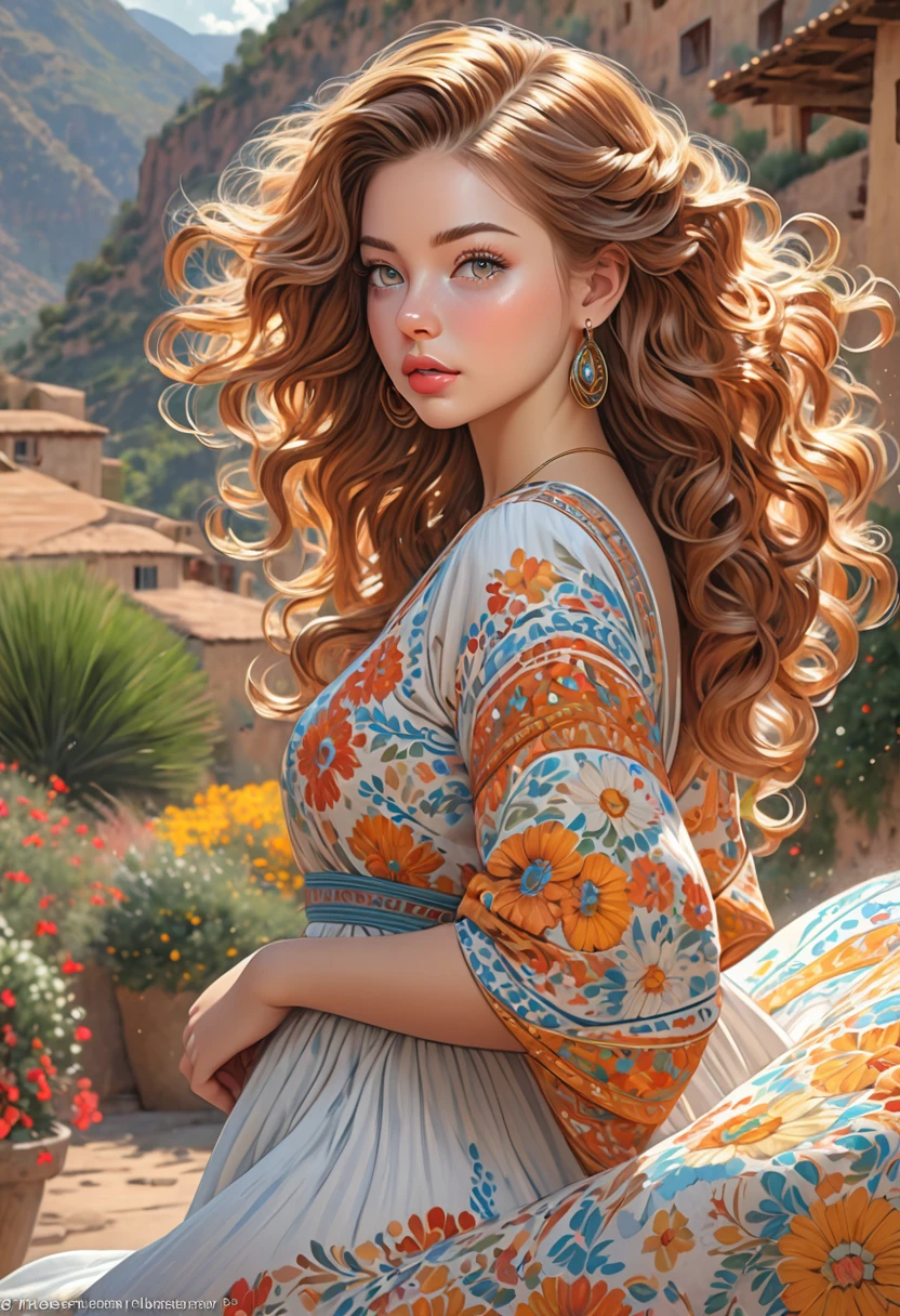 A colored pencil sketch of A beautiful woman, with hair that is coarse, wiry, and tightly curled. It often has a rough texture, feels stiff to the touch, and may be prone to frizz and tangling. curls can be densely packed. Long southwestern style dress, hoop earing and jewelry. The Official Art – An Award-Winning Digital Masterpiece In 4K Ultra HD, Extreme Detail And Intricate Realism. This Concept Art Brought To Life By The Hands Of Artists Like Wlop & Artgerm In A Stunning 2D Vector Illustration. Masiela Lusha. LArge, perky, voluptuous, full, well shaped pleasing breasts. Background is a panoramic vista.
