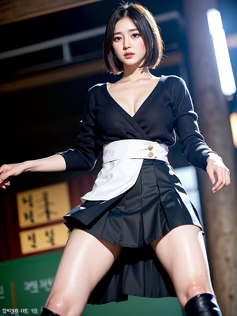 Masterpiece, bokeh,(Beautiful face)・(Fine face)・(Perfect Hand:1.2)・(Korean Idol:1.6)・(Miniskirt Costume:1.3)・(City of night:1.3)・(Blushing face:1.3)・Working boots・(From below:1.5)、Big Breasts、Wide pelvis、Thigh、Crotch gap、Blade Runner Wind、