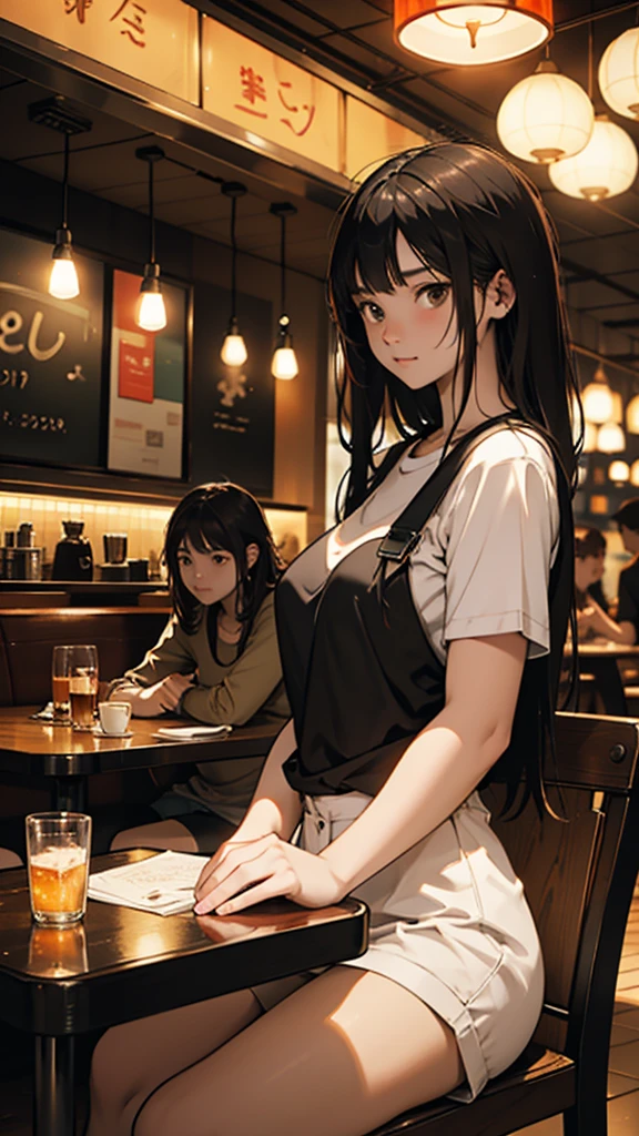 A young couple is sitting inside a cafe. The girl is wearing short clothes with, big hips,  Colorful lights are burning in the cafe. Moody color, Sharpness 