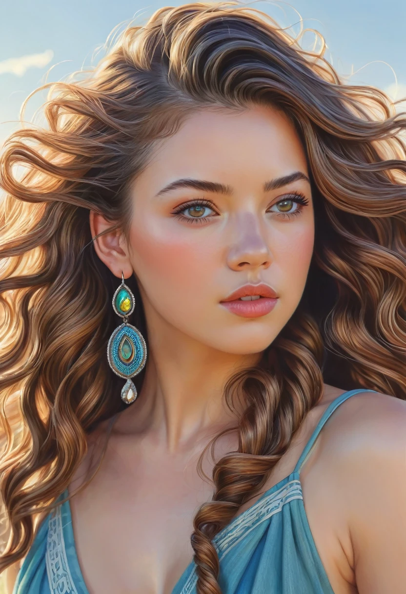 A colored pencil sketch of A beautiful woman, with hair that is coarse, wiry, and tightly curled. It often has a rough texture, feels stiff to the touch, and may be prone to frizz and tangling. curls can be densely packed. Long southwestern style dress, hoop earing and jewelry. The Official Art – An Award-Winning Digital Masterpiece In 4K Ultra HD, Extreme Detail And Intricate Realism. This Concept Art Brought To Life By The Hands Of Artists Like Wlop & Artgerm In A Stunning 2D Vector Illustration. Masiela Lusha. LArge, perky, voluptuous, full, well shaped pleasing breasts. Background is a panoramic vista.
