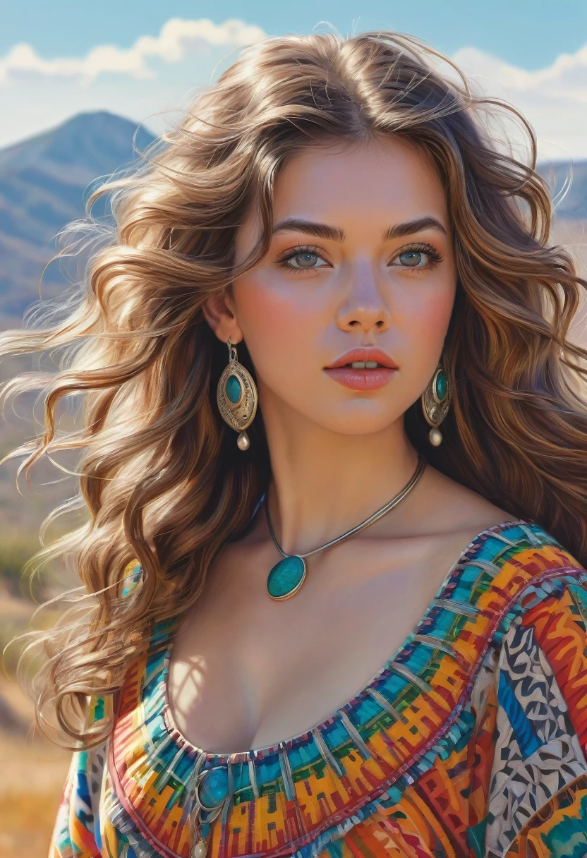 A colored pencil sketch of A beautiful woman, with hair that is coarse, wiry, and tightly curled. It often has a rough texture, feels stiff to the touch, and may be prone to frizz and tangling. curls can be densely packed. Long southwestern style dress, hoop earing and jewelry. The Official Art – An Award-Winning Digital Masterpiece In 4K Ultra HD, Extreme Detail And Intricate Realism. This Concept Art Brought To Life By The Hands Of Artists Like Wlop & Artgerm In A Stunning 2D Vector Illustration. Masiela Lusha. LArge, perky, voluptuous, full, well shaped pleasing breasts. Background is a panoramic vista.