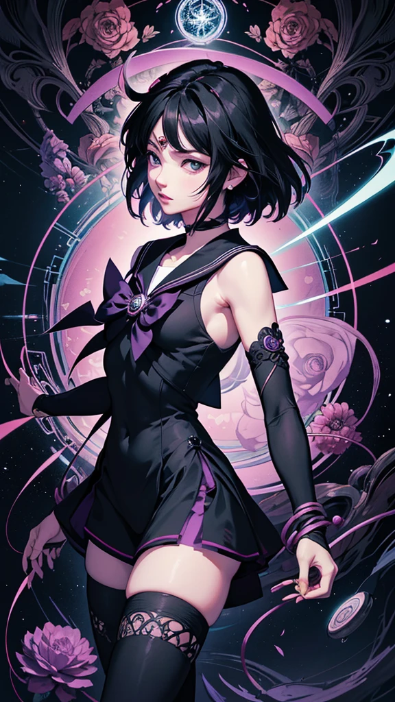 Official Art, unity 8k wallpaper, Very detailedな, Beautiful yet fleeting、beautiful, masterpiece,((Saturn)) Highest quality,Black Flower (zenTangle, Mandala, Tangle, enTangle), Flower Ecstasy, Very detailed, Black short hair、Dynamic Angle, ((Black Hair), (())The most beautiful form of chaos, ((Sailor Saturn)).elegant, Brutalist Design, Vibrant colors, Romanticism, James Jean, Robbie Dawi Anton, Ross Tran, Francis Bacon, It was very cold, Adrianne&#39;genius, Petra Cortright, Gerhard Richter, takato yamamoto, Ashley Wood, Atmospheric