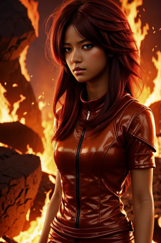 A tall girl with dark skin, ivory eyes, red eyelashes, and hair that looks like molten lava, as if it were composed of fire and molten rock like teka todoroki from Boku no hero