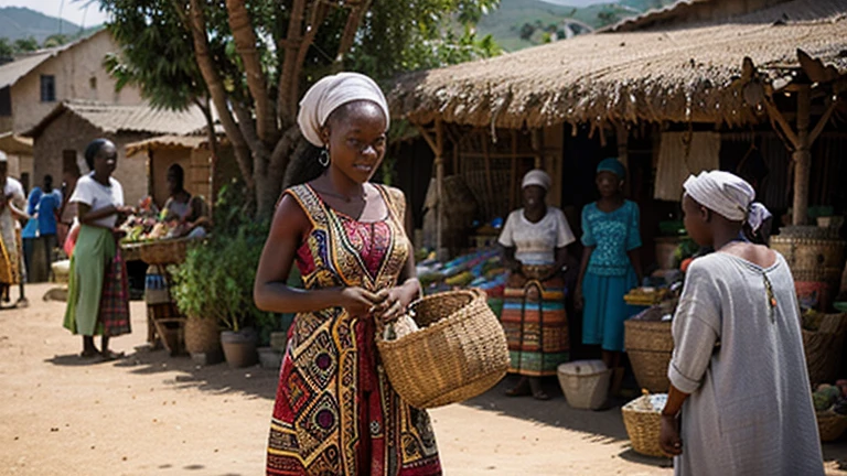 An African bustling village market with a woman selling beautifully crafted baskets and textiles, surrounded by supportive villagers.