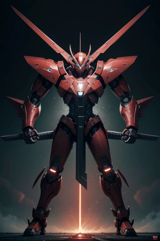 A robot, FranXX, machine, its color is red with black details, has a sword in each hand, with characteristics of a combat robot, large, it is not human, completely machine, with green design, he is holding two swords, one in each hand, he is doing an attack pose