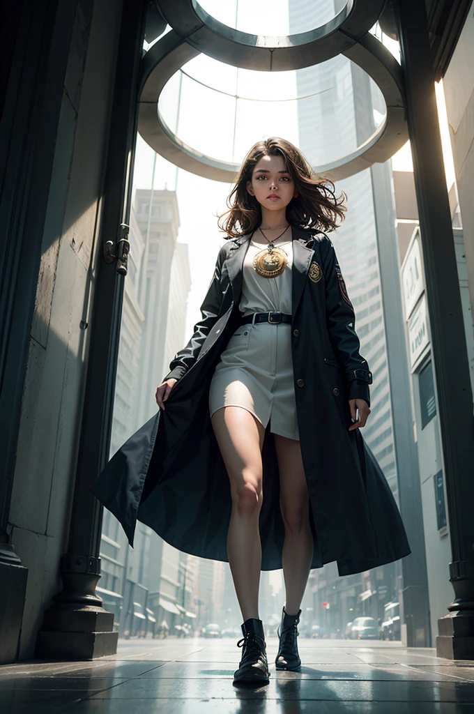 The cover features Sofia, a young scientist with brown hair and a determined look, wearing a lab coat. It is positioned in the center of the image, holding a small, futuristic device that emits an intense light, symbolizing his invention. Behind her, a series of time portals shaped like spirals of light extend, each leading to different eras represented in an artistic way.
to the left, the portal reveals a scene from the 1980s: a city with buildings and cars of the time, people wearing vintage clothes, and a young female figure, Who is Sofia's mother?, involved in a heated argument, hinting at his mysterious activities. Elements such as period newspapers and old technological devices can be subtly incorporated into the background.
On the right, another portal shows a futuristic vision of the year 2124: a city with skyscrapers of advanced architecture, flying vehicles, and interactive holograms. Em primeiro plano, futuristic scientists, including a possible descendant of Sofia, discuss technology and ethics, highlighting the social advances and challenges of the future.
Ao fundo, centralized between portals, an abstract timeline unfolds, connecting past, present and future, with important dates and small icons representing historical events and scientific discoveries. There are also solar energy symbols, floating graphs and equations, alluding to Sofia's original project.
No topo da capa, The title "The Temporal Crossing" is displayed in a font that mixes modern and classic styles, with a soft glow around, highlighting it against the dynamic background. down, O nome do autor(a) is placed in an elegant and readable font.
The core palette uses tons of blue, roxo e prata, symbolizing mystery and science, while touches of gold and red are used to highlight moments of discovery and danger. the lighting is dramatic, with lights and shadows that create a depth effect, reflecting the complexity