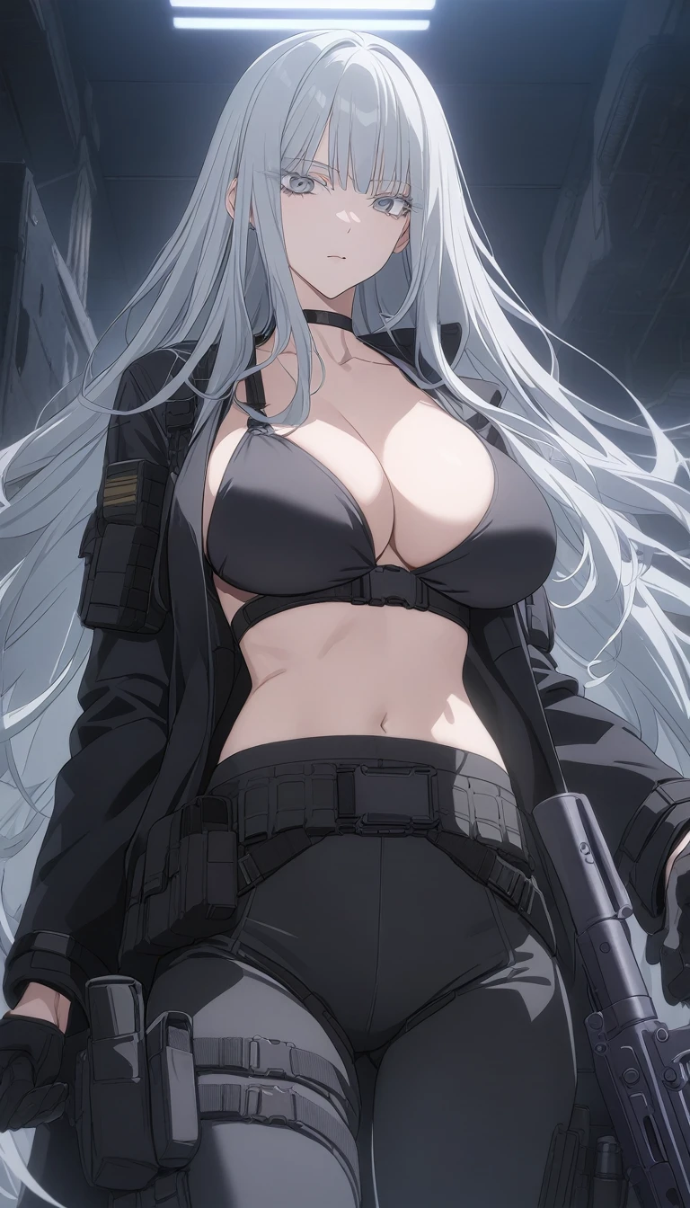 sovetsky_Soyuz, grey hair, long hair, tactical jacket, military gear, black pants, midriff, choker, webbed belt, tactical, pouches, large breasts, first rate breasts, grey eyes, sharp eyes, Long eyelashes, eye shadow, ominous vibe, expressionless, stoic, relaxing, Ultra quality, UHD, high detail, anime aesthetic, Anime screenshot, Ultra quality, UHD, high detail. Armory, cargo hold, Ak-12, gun, assault rifle
