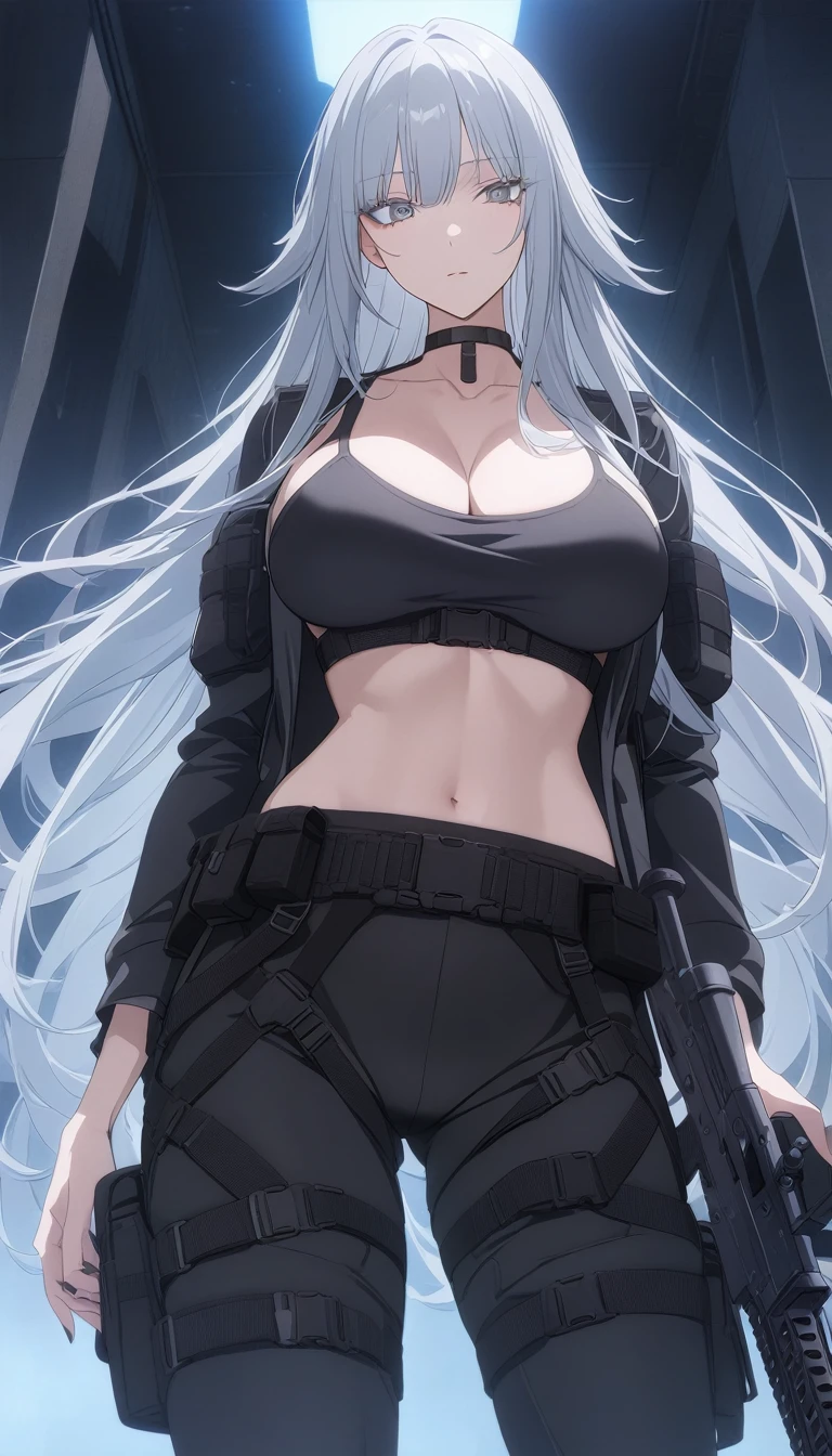 sovetsky_Soyuz, grey hair, long hair, tactical jacket, military gear, black pants, midriff, choker, webbed belt, tactical, pouches, large breasts, first rate breasts, grey eyes, sharp eyes, Long eyelashes, eye shadow, ominous vibe, expressionless, stoic, relaxing, Ultra quality, UHD, high detail, anime aesthetic, Anime screenshot, Ultra quality, UHD, high detail. Armory, cargo hold, Ak-12, gun, assault rifle