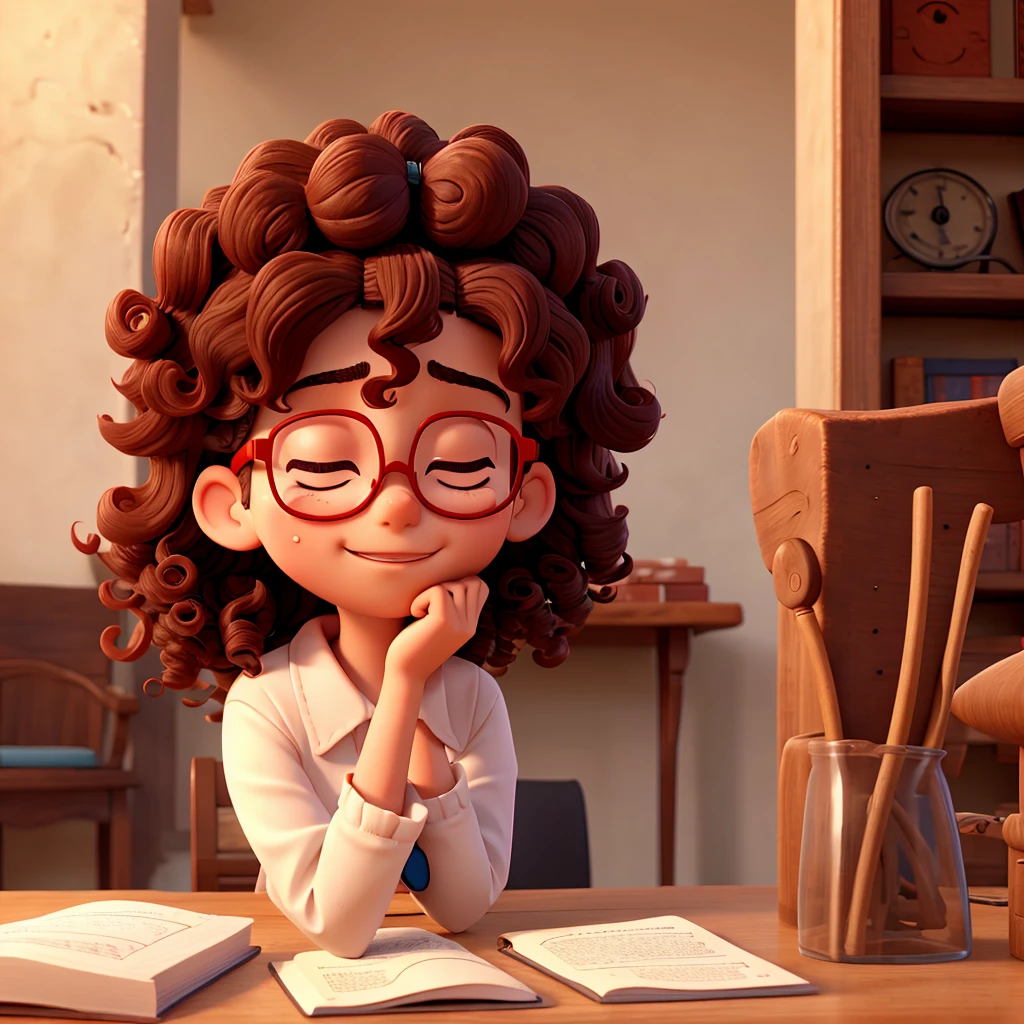 Curly girl with red glasses praying and crying with her eyes closed, put Jesus Christ on this side