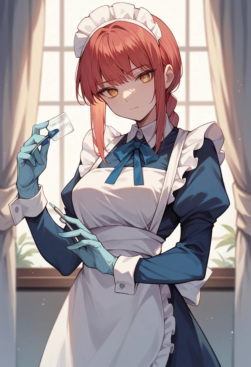 1girl, makima, ((blue medical gloves)), (maid uniform), ((long sleeves)), looking at viewer, standing, solo