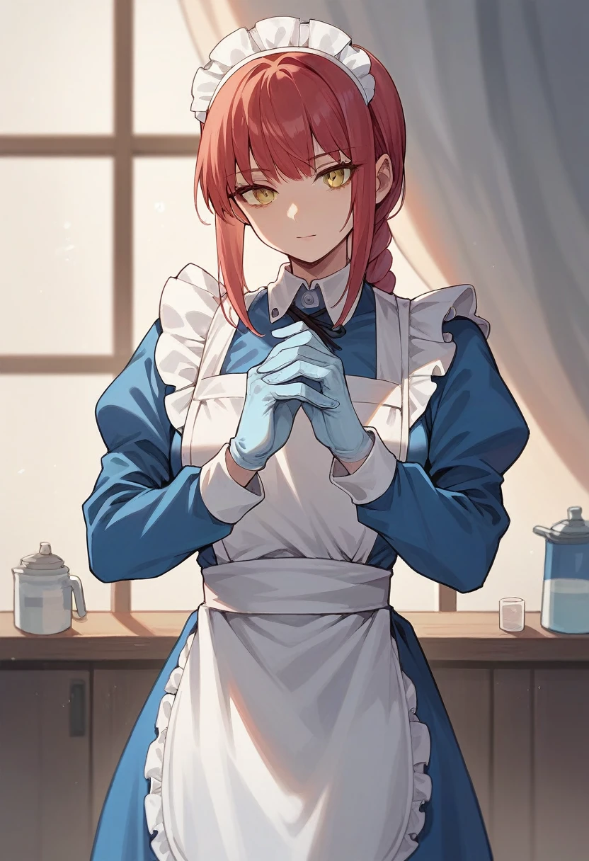 1girl, makima, ((blue medical gloves)), (maid uniform), ((long sleeves)), looking at viewer, standing, solo