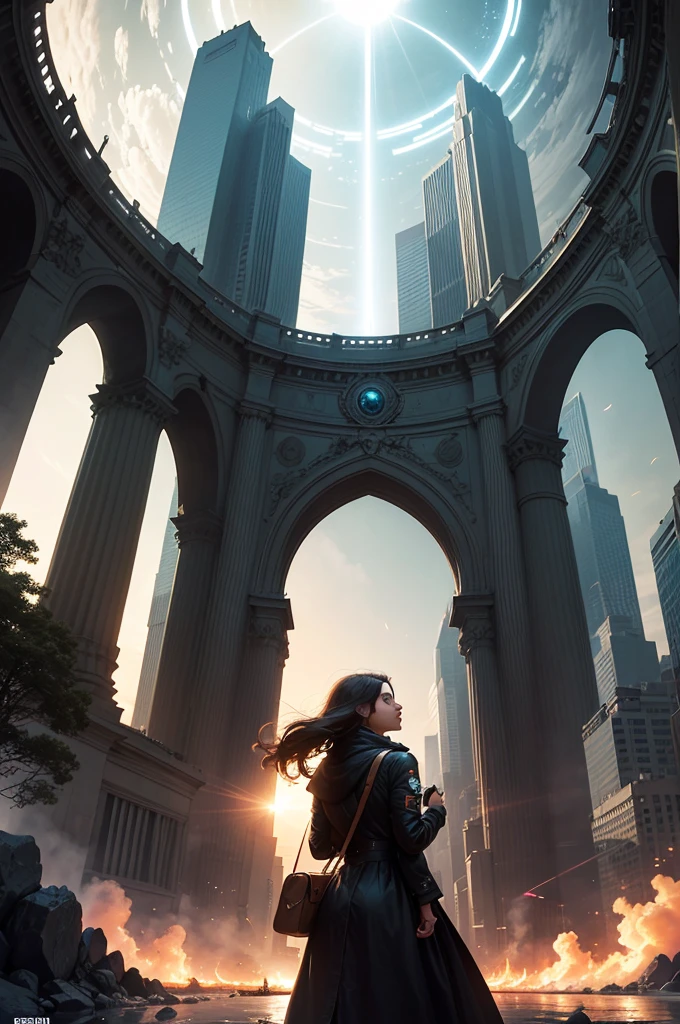 The cover features Sofia, a young scientist with brown hair and a determined look, wearing a lab coat. It is positioned in the center of the image, holding a small, futuristic device that emits an intense light, symbolizing his invention. Behind her, a series of time portals shaped like spirals of light extend, each leading to different eras represented in an artistic way.
to the left, the portal reveals a scene from the 1980s: a city with buildings and cars of the time, people wearing vintage clothes, and a young female figure, Who is Sofia's mother?, involved in a heated argument, hinting at his mysterious activities. Elements such as period newspapers and old technological devices can be subtly incorporated into the background.
On the right, another portal shows a futuristic vision of the year 2124: a city with skyscrapers of advanced architecture, flying vehicles, and interactive holograms. Em primeiro plano, futuristic scientists, including a possible descendant of Sofia, discuss technology and ethics, highlighting the social advances and challenges of the future.
Ao fundo, centralized between portals, an abstract timeline unfolds, connecting past, present and future, with important dates and small icons representing historical events and scientific discoveries. There are also solar energy symbols, floating graphs and equations, alluding to Sofia's original project.
No topo da capa, The title "The Temporal Crossing" is displayed in a font that mixes modern and classic styles, with a soft glow around, highlighting it against the dynamic background. down, O nome do autor(a) is placed in an elegant and readable font.
The core palette uses tons of blue, roxo e prata, symbolizing mystery and science, while touches of gold and red are used to highlight moments of discovery and danger. the lighting is dramatic, with lights and shadows that create a depth effect, reflecting the complexity