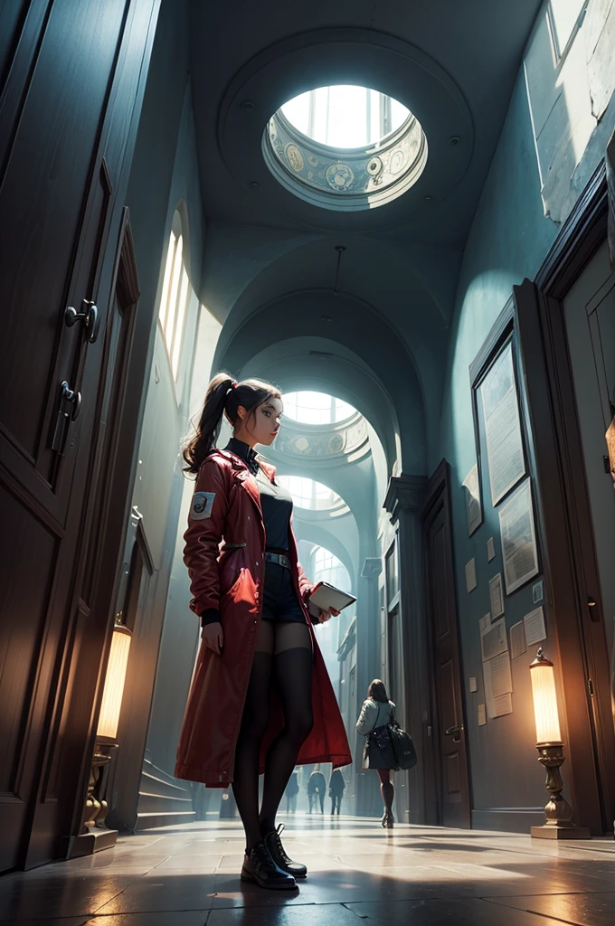 The cover features Sofia, a young scientist with brown hair and a determined look, wearing a lab coat. It is positioned in the center of the image, holding a small, futuristic device that emits an intense light, symbolizing his invention. Behind her, a series of time portals shaped like spirals of light extend, each leading to different eras represented in an artistic way.

to the left, the portal reveals a scene from the 1980s: a city with buildings and cars of the time, people wearing vintage clothes, and a young female figure, Who is Sofia&#39;s mother?, involved in a heated argument, hinting at his mysterious activities. Elements such as period newspapers and old technological devices can be subtly incorporated into the background.

On the right, another portal shows a futuristic vision of the year 2124: a city with skyscrapers of advanced architecture, flying vehicles, and interactive holograms. Em primeiro plano, futuristic scientists, including a possible descendant of Sofia, discuss technology and ethics, highlighting the social advances and challenges of the future.

Ao fundo, centralized between portals, an abstract timeline unfolds, connecting past, present and future, with important dates and small icons representing historical events and scientific discoveries. There are also solar energy symbols, floating graphs and equations, alluding to Sofia&#39;s original project.

No topo da capa, The title "The Temporal Crossing" is displayed in a font that mixes modern and classic styles, with a soft glow around, highlighting it against the dynamic background. down, O nome do autor(a) is placed in an elegant and readable font.

The core palette uses tons of blue, roxo e prata, symbolizing mystery and science, while touches of gold and red are used to highlight moments of discovery and danger. the lighting is dramatic, with lights and shadows that create a depth effect, reflecting the complexity