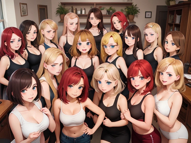 (Best quality, masterpiece), group photo of 8 very different beautiful students, different emotions, Free poses, Different hair colors(among them there is only one red-haired girl, 3 blondes, 2 brown-haired and 2 brunettes), Different hairstyles, different hair lengths, different eye colors, Different physiques, Different breast sizes, (There&#39;s definitely 1 modest little Asian brunette with a flat chest, 1 muscular blonde athlete with short hair, 1 long haired redhead, 1 shameless brunette hippie with pigtails, 1 effeminate brown-haired young man with a flat chest, 1 short shameless brown haired lesbian with huge breasts), graduation photo album, beautiful faces, upper body